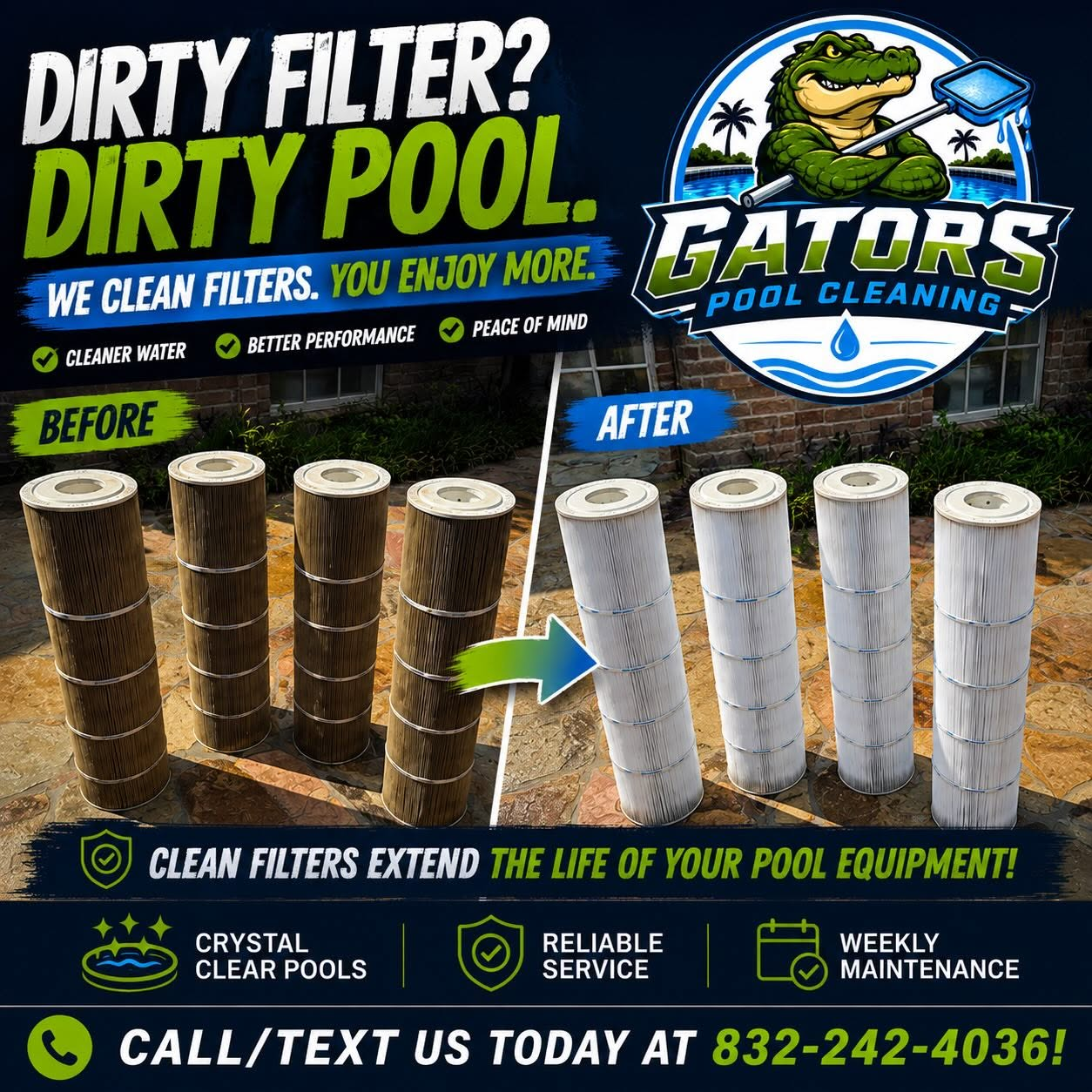 Pool filter before and after cleaning